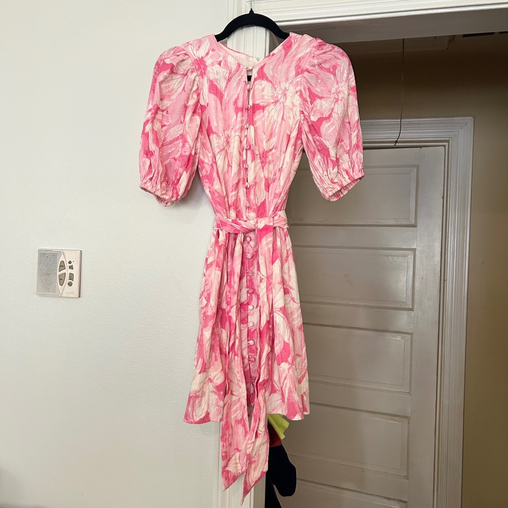 Floral‎ Pink Mini Dress Puff Sleeve Button Front Tie Waist Summer